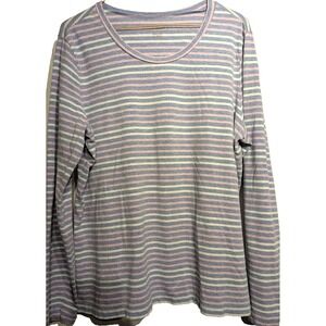 LL Bean‎ Shirt Womens XL Pink Blue White Striped Long Sleeve Stretch Crewneck